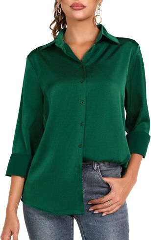 LUSMAY Women's Silky Satin Blouses Elegant Long Sleeve Button Down Collared Office Work Shirts Tops in Saudi Arabia