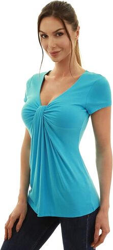 AmélieBoutik Women V Neck Twist Knot Front Casual T-Shirt Short Sleeve Blouse in Saudi Arabia