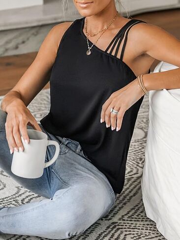 CUPSHE Women Strappy Asymmetrical Neck Blouse Top Sleeveless Black Blouse in Saudi Arabia