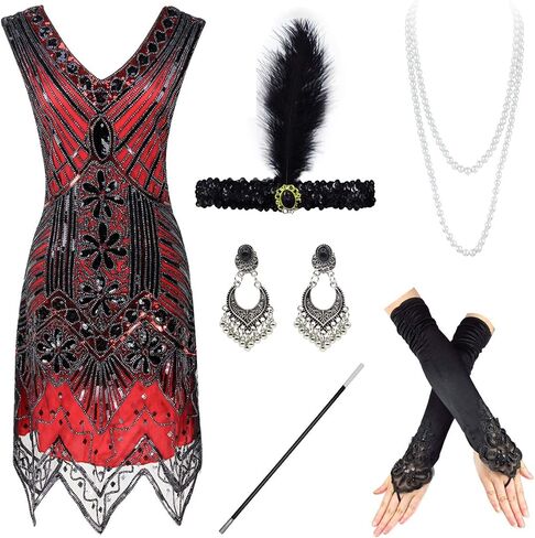 IWIWB 1920s Sequin Vintage Dress Beaded Gatsby Flapper Dress with Accessories Set in Saudi Arabia