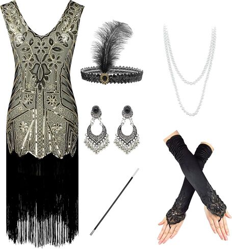 IWIWB 1920s Sequin Vintage Dress Beaded Gatsby Flapper Dress with Accessories Set in Saudi Arabia