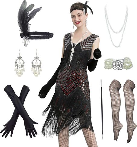 IWIWB 1920s Sequin Vintage Dress Beaded Gatsby Flapper Dress with Accessories Set in Saudi Arabia