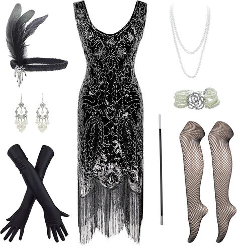 IWIWB 1920s Sequin Vintage Dress Beaded Gatsby Flapper Dress with Accessories Set in Kuwait