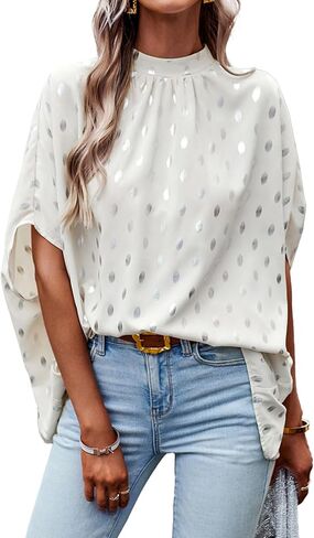 بلوزة نسائية أنيقة من Umenlele برقبة وهمية وأكمام منقط على شكل جناح الخفاش وربطة عنق من الخلف وقميص علوي in Kuwait