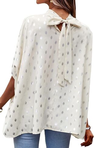 بلوزة نسائية أنيقة من Umenlele برقبة وهمية وأكمام منقط على شكل جناح الخفاش وربطة عنق من الخلف وقميص علوي in Kuwait