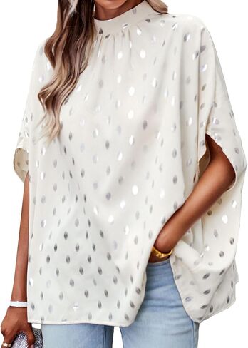 بلوزة نسائية أنيقة من Umenlele برقبة وهمية وأكمام منقط على شكل جناح الخفاش وربطة عنق من الخلف وقميص علوي in Kuwait