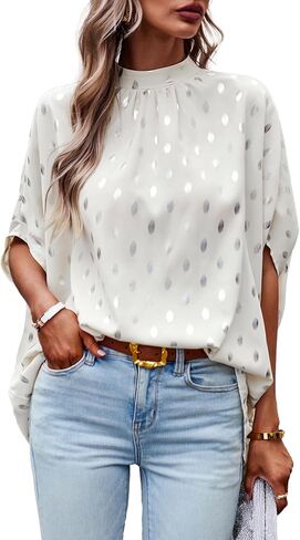 بلوزة نسائية أنيقة من Umenlele برقبة وهمية وأكمام منقط على شكل جناح الخفاش وربطة عنق من الخلف وقميص علوي in Kuwait