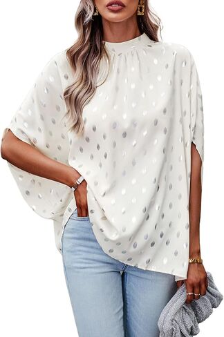 بلوزة نسائية أنيقة من Umenlele برقبة وهمية وأكمام منقط على شكل جناح الخفاش وربطة عنق من الخلف وقميص علوي in Kuwait