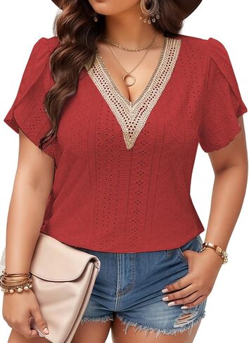 DOLNINE Women Plus Size Tops Summer Petal Short Sleeve Shirts Lace Trim V Neck Tunics Tee in Kuwait