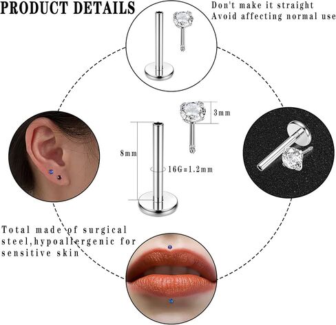 JeryWe 20 قطعة من حلقات الشفاه بدون خيط 16 جرام مجوهرات لابريت تشيكوسلوفاكيا الشفاه ترصيع الفولاذ المقاوم للصدأ أقراط الغضروف للنساء مونرو ميدوسا ثقب المجوهرات 6/8 مم طول القضيب in Kuwait