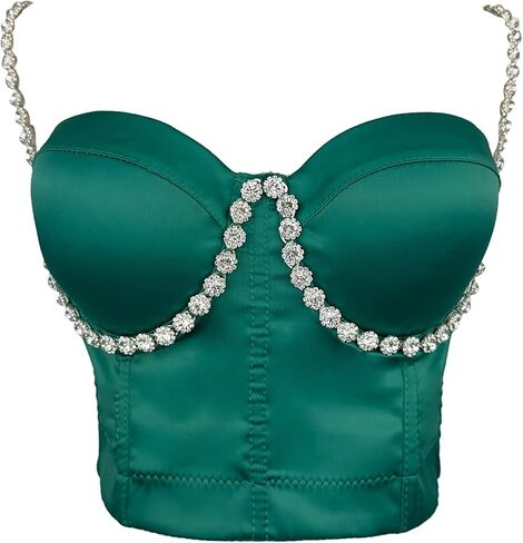 مشد علوي نسائي من ELLACCI مصنوع من الساتان الماسي وأحجار الراين وحزام كتف بوستير قصير للحفلات والنوادي باللون الأخضر in Kuwait