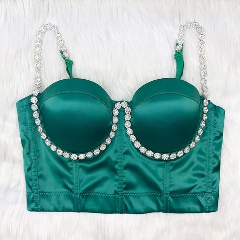 مشد علوي نسائي من ELLACCI مصنوع من الساتان الماسي وأحجار الراين وحزام كتف بوستير قصير للحفلات والنوادي باللون الأخضر in Kuwait