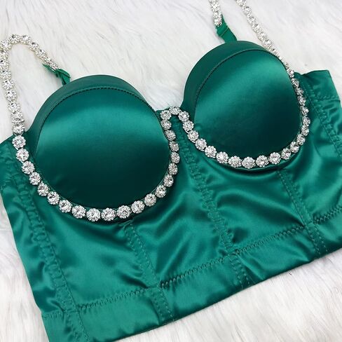 مشد علوي نسائي من ELLACCI مصنوع من الساتان الماسي وأحجار الراين وحزام كتف بوستير قصير للحفلات والنوادي باللون الأخضر in Kuwait