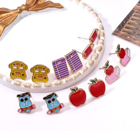 NLCAC 6/8 Pairs Teacher Stud Earrings for Women Girls Colorful Enamel Apple Pencil Book Back To School Earrings Teacher Appreciation Gifts in Saudi Arabia