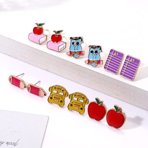 NLCAC 6/8 Pairs Teacher Stud Earrings for Women Girls Colorful Enamel Apple Pencil Book Back To School Earrings Teacher Appreciation Gifts in Saudi Arabia
