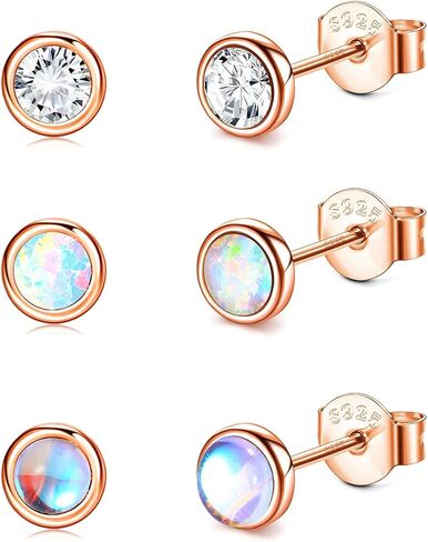 JeryWe 3 أزواج 925 أقراط من الفضة الإسترلينية للنساء والفتيات والأطفال أقراط حجر القمر أوبال مكعب زركونيا أقراط صغيرة مجموعة أقراط صغيرة لا تسبب الحساسية تشيكوسلوفاكيا ثقب المجوهرات هدية حجم 4 مم in Kuwait