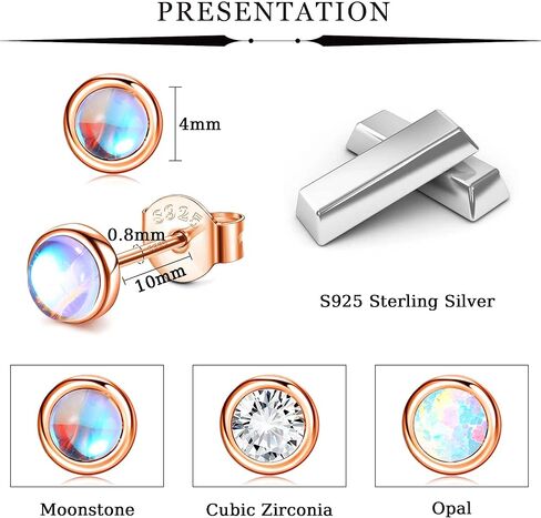 JeryWe 3 أزواج 925 أقراط من الفضة الإسترلينية للنساء والفتيات والأطفال أقراط حجر القمر أوبال مكعب زركونيا أقراط صغيرة مجموعة أقراط صغيرة لا تسبب الحساسية تشيكوسلوفاكيا ثقب المجوهرات هدية حجم 4 مم in Kuwait