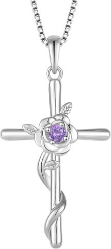 Rocayi Cross Necklace for Women 925 Sterling Silver Rose Flower Birthstone Pendant Crucifix Faith Religion Necklace Created Gemstone Jewelry Gifts for Women Wife Girlfriend Mother Daughter Her in Saudi Arabia