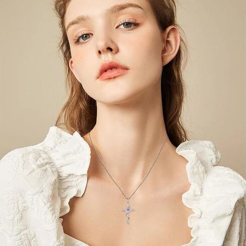 Rocayi Cross Necklace for Women 925 Sterling Silver Rose Flower Birthstone Pendant Crucifix Faith Religion Necklace Created Gemstone Jewelry Gifts for Women Wife Girlfriend Mother Daughter Her in Saudi Arabia