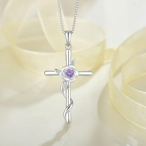 Rocayi Cross Necklace for Women 925 Sterling Silver Rose Flower Birthstone Pendant Crucifix Faith Religion Necklace Created Gemstone Jewelry Gifts for Women Wife Girlfriend Mother Daughter Her in Saudi Arabia