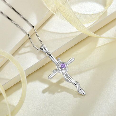 Rocayi Cross Necklace for Women 925 Sterling Silver Rose Flower Birthstone Pendant Crucifix Faith Religion Necklace Created Gemstone Jewelry Gifts for Women Wife Girlfriend Mother Daughter Her in Saudi Arabia