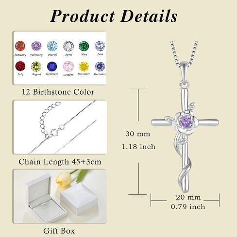 Rocayi Cross Necklace for Women 925 Sterling Silver Rose Flower Birthstone Pendant Crucifix Faith Religion Necklace Created Gemstone Jewelry Gifts for Women Wife Girlfriend Mother Daughter Her in Saudi Arabia