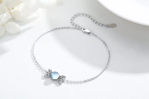 لوتس وورقة ثلاثية القمر آلهة سوار الفضة الاسترليني Moonstone القمر مجوهرات الوثنية الويكا تميمة سوار الثلاثي القمر آلهة هدايا للنساء فتاة in Kuwait