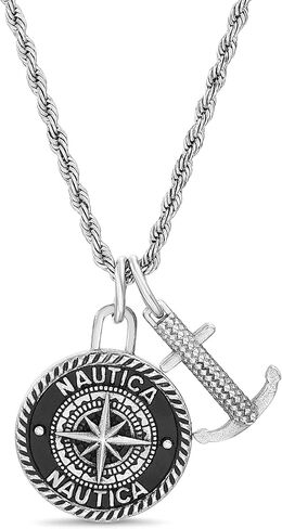 Nautica Oxidized Stainless Steel Black Enamel Compass Anchor Rope Chain Necklace for Men in Saudi Arabia