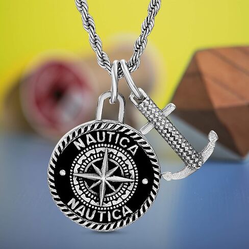 Nautica Oxidized Stainless Steel Black Enamel Compass Anchor Rope Chain Necklace for Men in Saudi Arabia