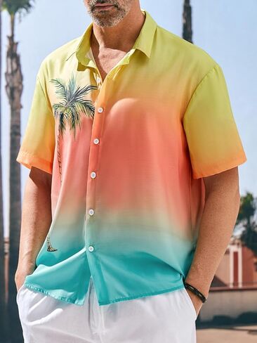 قمصان Hardaddy الرجالية المتدرجة بأكمام قصيرة مطبوعة على طراز هاواي للصيف والشاطئ كاجوال بأزرار سفلية in Kuwait