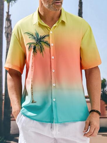 قمصان Hardaddy الرجالية المتدرجة بأكمام قصيرة مطبوعة على طراز هاواي للصيف والشاطئ كاجوال بأزرار سفلية in Kuwait