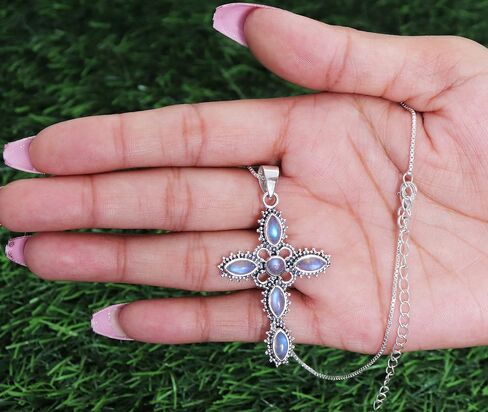 Cross Pendant Necklace, Rainbow Moonstone Necklaces, Solid Sterling Silver Pendant, Natural Moonstone Necklaces in Saudi Arabia