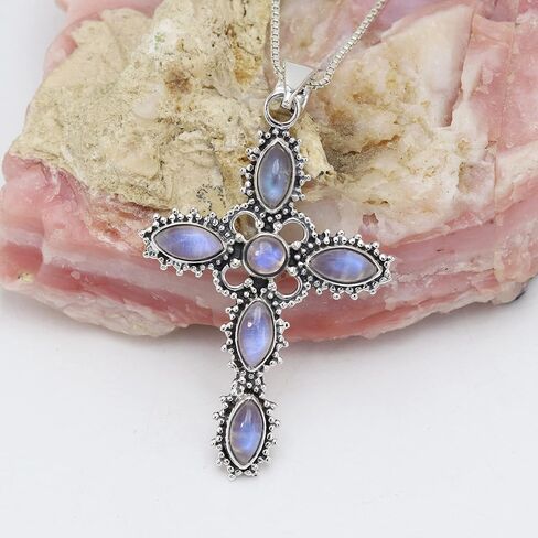 Cross Pendant Necklace, Rainbow Moonstone Necklaces, Solid Sterling Silver Pendant, Natural Moonstone Necklaces in Saudi Arabia