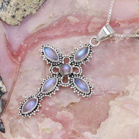 Cross Pendant Necklace, Rainbow Moonstone Necklaces, Solid Sterling Silver Pendant, Natural Moonstone Necklaces in Saudi Arabia