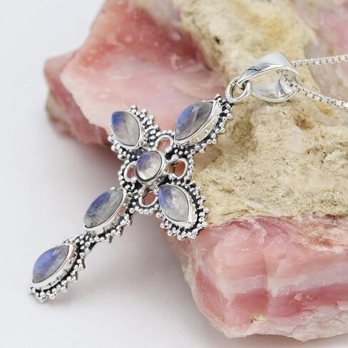 Cross Pendant Necklace, Rainbow Moonstone Necklaces, Solid Sterling Silver Pendant, Natural Moonstone Necklaces in Saudi Arabia