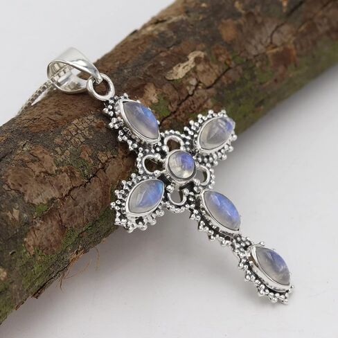 Cross Pendant Necklace, Rainbow Moonstone Necklaces, Solid Sterling Silver Pendant, Natural Moonstone Necklaces in Saudi Arabia