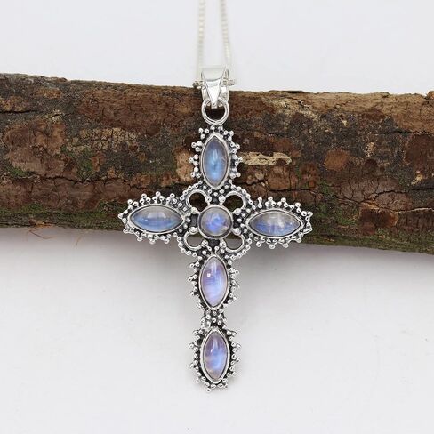 Cross Pendant Necklace, Rainbow Moonstone Necklaces, Solid Sterling Silver Pendant, Natural Moonstone Necklaces in Saudi Arabia