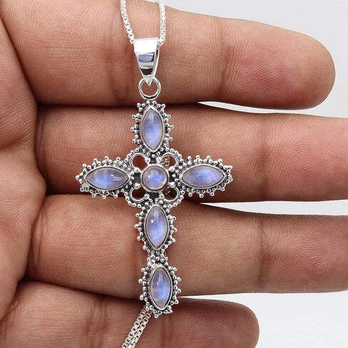 Cross Pendant Necklace, Rainbow Moonstone Necklaces, Solid Sterling Silver Pendant, Natural Moonstone Necklaces in Saudi Arabia