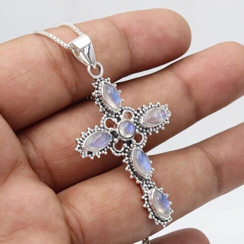 Cross Pendant Necklace, Rainbow Moonstone Necklaces, Solid Sterling Silver Pendant, Natural Moonstone Necklaces in Saudi Arabia