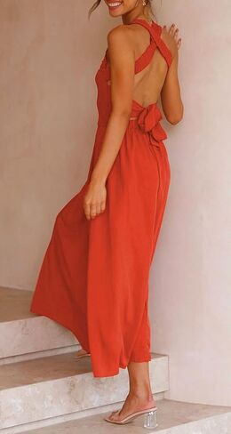 فستان CHARTOU نسائي مثير بحزام سباغيتي مقصوص للحفلات فستان متوسط ​​الطول بدون ظهر مع جيب in Kuwait