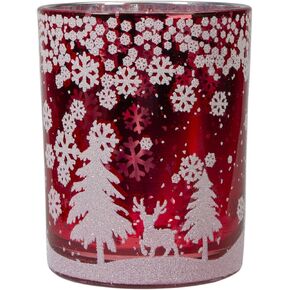 5" Red and Shiny Silver Deer in Winter Woods Flameless Candle Holder