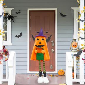 Halloween Decorations Outdoor, 47in Large Collapsible Witch Ghost and Pumpkin with Candy Bag Stuffed Doll, Scary Stand Ghosts Decor for Front Door Porch Outside Yard Home Party (Orange)