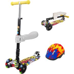 Foldable 3 Wheel Scooter for Kids with Free Helmet | Kids Scooter Helmet Toddler with 4 Adjustable Heights | Folding Scooter LED Light-up Wheels | Swiss-Designed Three Wheeled Scooter for Kids