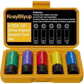 5PCS 1/2 Inch Drive Impact Lug Nut Socket Set, 8-in-4 Flip Thin Wall Socket Set Includes 17mm, 19mm, 21mm, 22mm, 3/4", 13/16", 7/8", 15/16" Metric & SAE Sizes & 3" Extension Bar，Cr-Mo Steel