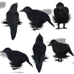 ATDAWN Halloween Birds, Black Feathered Crows, Realistic Looking Halloween Birds Decoration Birds, 4.9" (6)