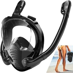 Double Tubes Full Face Snorkel Mask,New Breathing Mode 180° Panoramic Anti-Fog Diving Mask Free Breathing,Dry Top System Snorkeling Mask for Adults Teenagers