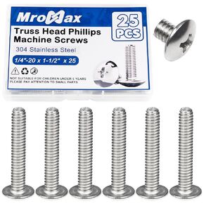 MroMax 25Pcs 1/4"-20 x 1-1/2" Truss Head Machine Screws, 304 Stainless Steel 18-8, Bright Finish, Full Thread, Phillips Drive