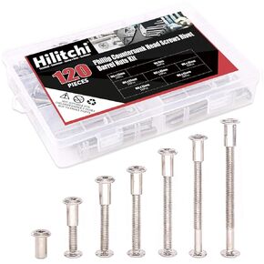 Hilitchi 120-Pcs M6 x 25/35 / 45/55 / 65 / 75mm Rivet Phillip Countersunk Head Screws Bolts Dowel Barrel Nuts Assortment Kit for Furniture Hardware Fitting