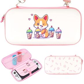 BelugaDesign Corgi Boba Carrying Case | White Pink Pastel Hard Travel Protector | Cute Kawaii Anime Dog Bubble Tea Paws | Compatible with Nintendo Switch Standard Lite OLED