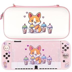 حقيبة حمل BelugaDesign Corgi Boba | واقي السفر الصلب باللون الأبيض والوردي الباستيل | لطيف Kawaii أنيمي الكلب فقاعة الشاي الكفوف | متوافق مع نينتندو سويتش ستاندرد لايت OLED